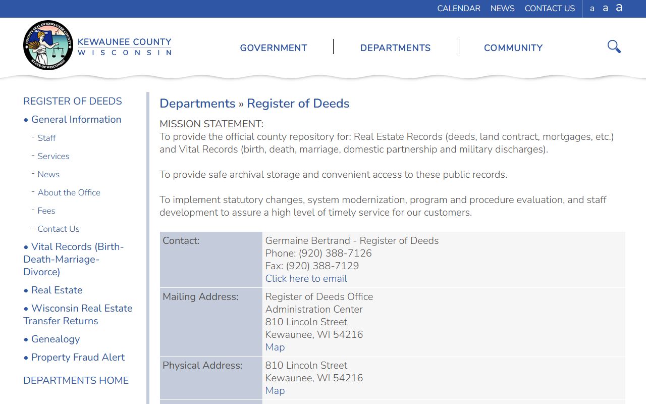 Kewaunee County Death Index at the Register of Deeds