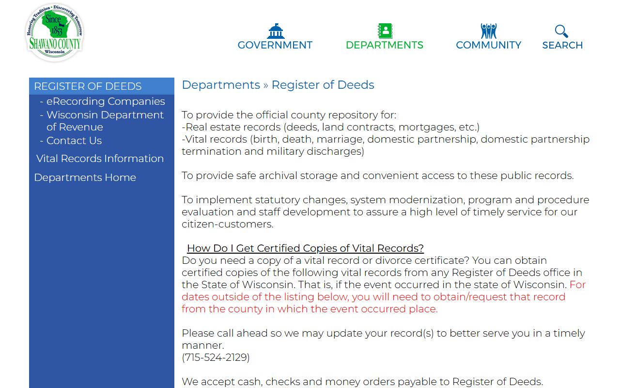 Shawano County Death Index register of deeds image