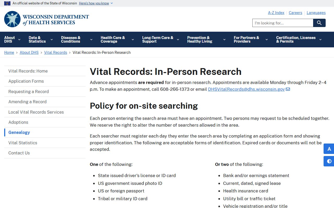 Wisconsin Death Index genealogy appointment rules
