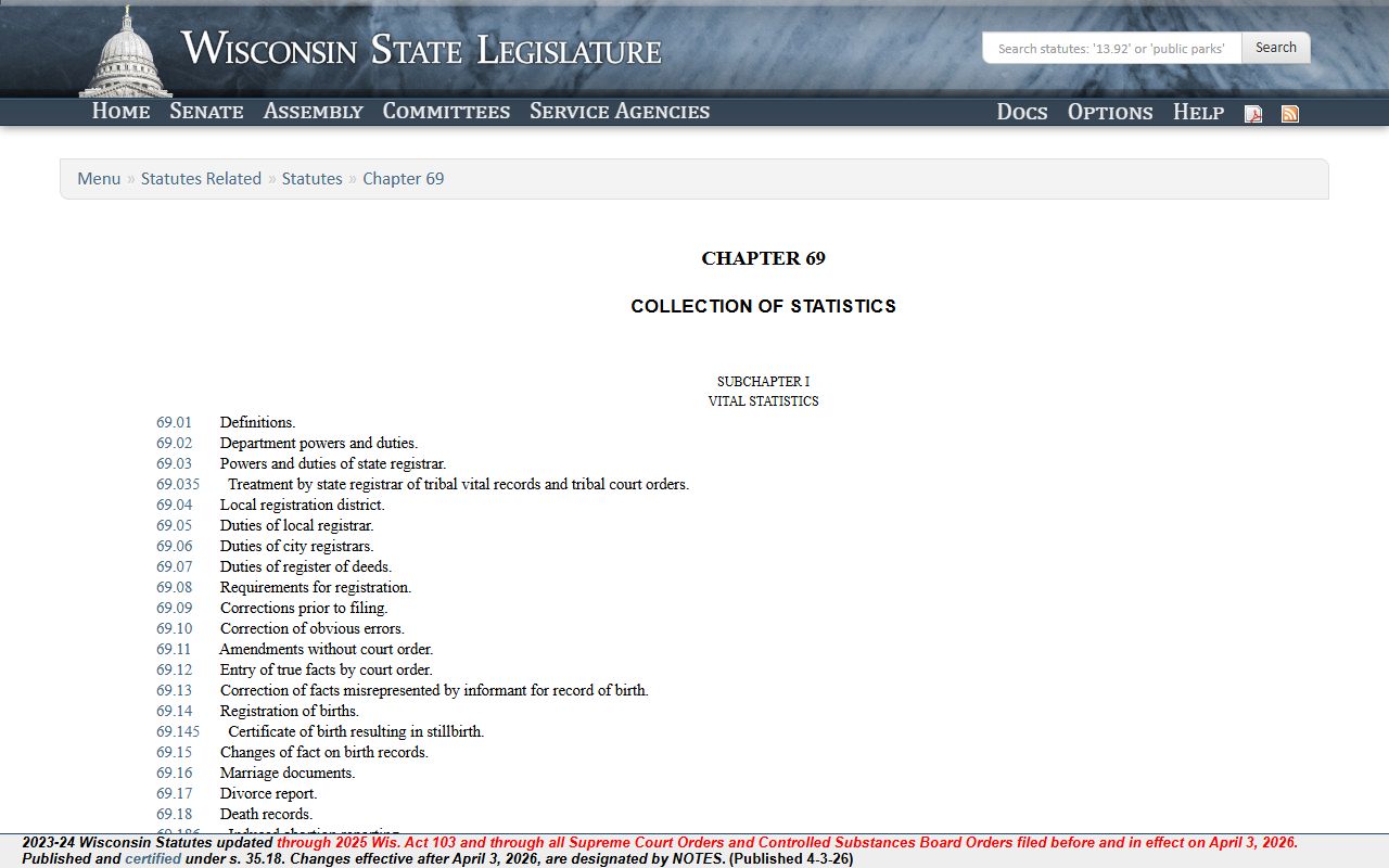 Wisconsin Death Index legal framework